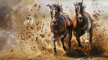 A pair of horses neck and neck as they race towards the finish line, captured in stunning detail.