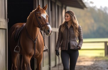 Fototapeta premium A graceful woman in equestrian attire guides her horse out of a stable into daylight