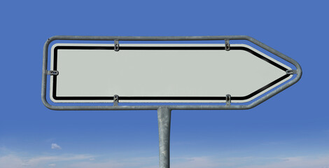 Road sign in the form of arrows with an inscription against the sky