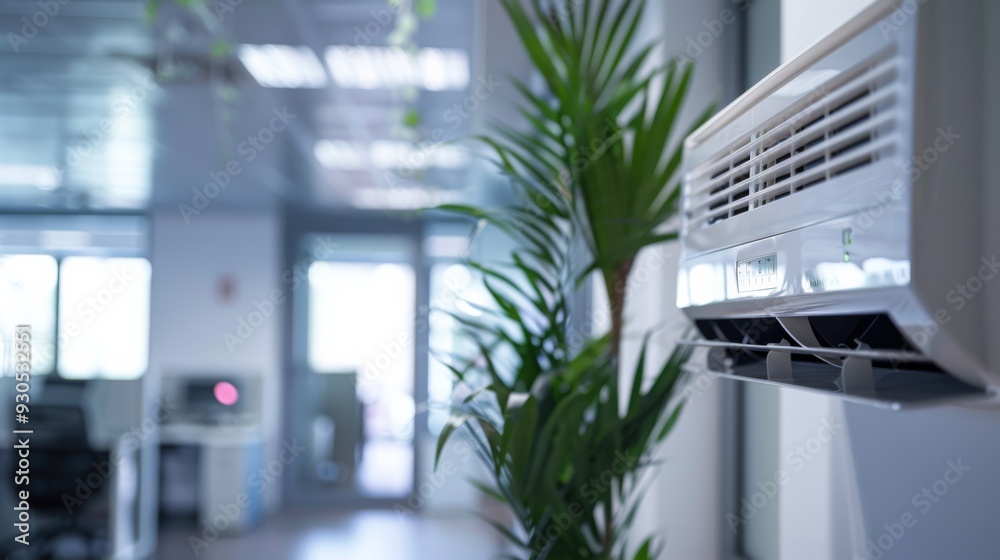 Poster compact and modern heating and air conditioning inverter in an office setting