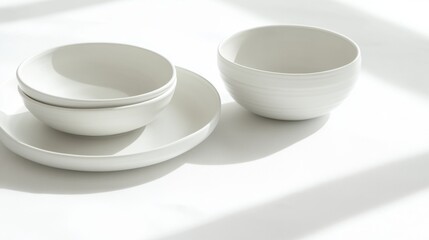 Minimalistic white ceramic plate and bowl set, arranged on a pure white background, with soft shadows enhancing the smooth texture and clean, modern design.