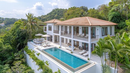 Fototapeta premium A large white house with a pool and a balcony overlooking a lush green hillside