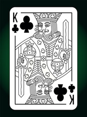 King Clubs suit playing card, vintage classic design, isolated on white, editable vector stroke line.