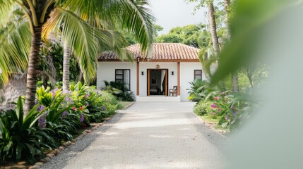 A pool with a white umbrella and a palm tree in the background