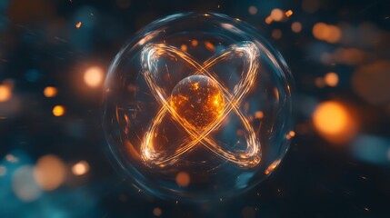 Abstract Representation of a Glowing Atom with Orange and Blue Colors