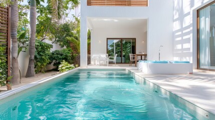 Fototapeta premium A large white house with a pool and a patio