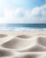 Serene beach scene with soft sand and a calm blue ocean under a bright sky, perfect for themes of relaxation, summer, and tranquility.