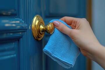 Woman cleaning a blue door with a microfiber cloth
