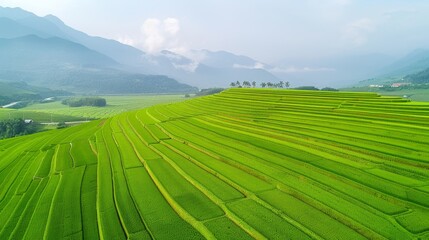 A river runs through a field of green rice