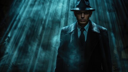 A man in a dark trench coat and hat standing in dramatic, smoky lighting, evoking a sense of mystery and suspense, reminiscent of film noir characters and settings.