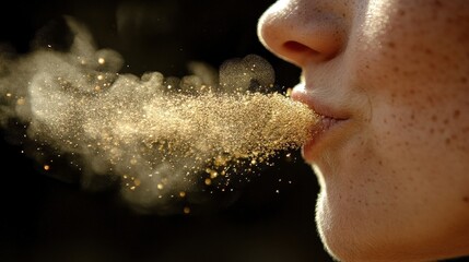 Close-up of a person blowing golden dust particles