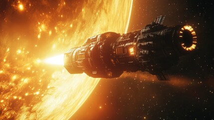 A spacecraft is navigating through space, utilizing powerful thrust while approaching a brilliant star, showcasing advanced technology and exploration