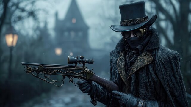 Steampunk vampire hunter with gear-powered crossbow and a brass-trimmed coat, dark, foggy street, Halloween Steampunk, victorian horror technology