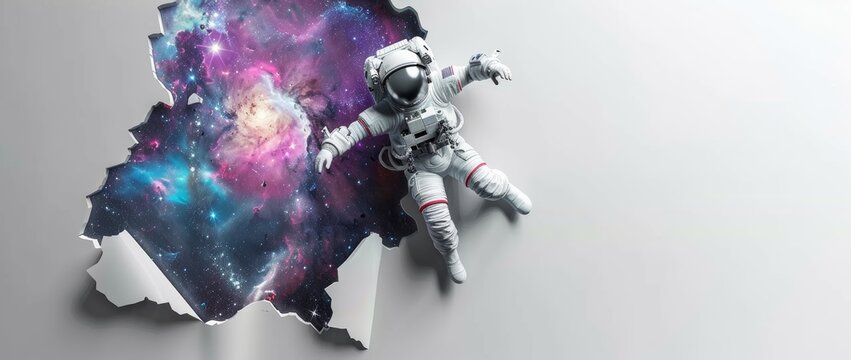 3D astronaut emerging from a cracked wall, with a galaxy visible through the break behind him.