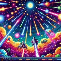 A colorful space scene drawing with a rocket flying through it. The rocket is the main focus of the image, and it is surrounded by planets and stars. The colors used in the image are bright 