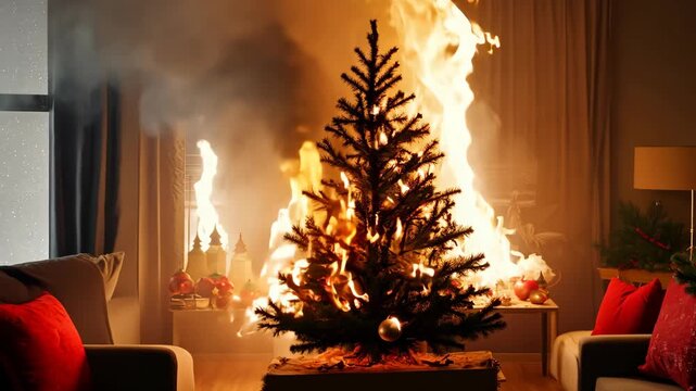 Christmas tree fire incident in living room during holiday season