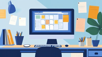Fototapeta premium A desk with a computer screen displaying a task management app, surrounded by notes and productivity tools