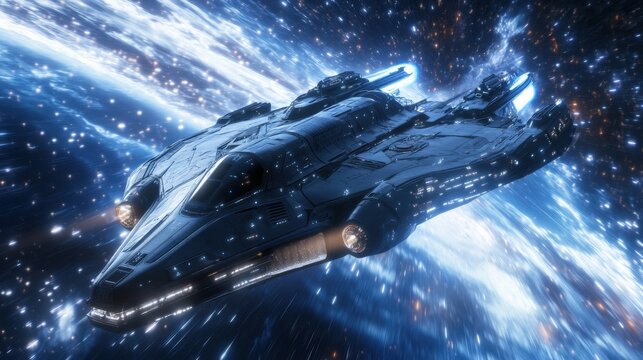 The starship glides through swirling galaxies, leaving a trail of light against the backdrop of a vivid, star-filled universe