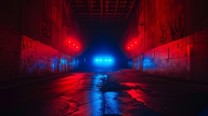 Dramatic red and blue police lights on a deserted dark street