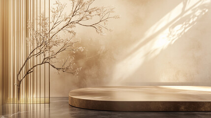 A minimalistic an abstract pedestal podium display scene  interior featuring a simple vase and a branch against warm, neutral tones in a tranquil setting