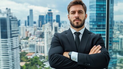 Fototapeta premium A man in a suit standing with his arms crossed, AI