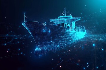 An abstract digital background featuring a container ship, symbolizing global trade and maritime transport