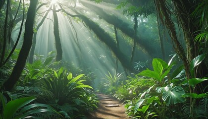 A beautiful fairytale enchanted jungle rainforest with sunbeams, wall paper, illustration