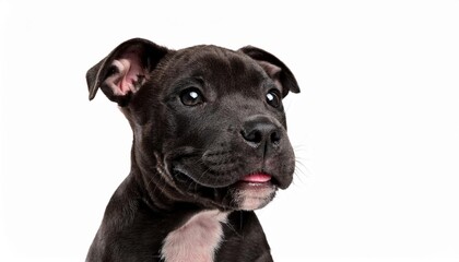 笑顔のスタッフォードシャー・ブル・テリアの子犬のポートレート（Portrait of a smiling Staffordshire Bull Terrier puppy on white background）
