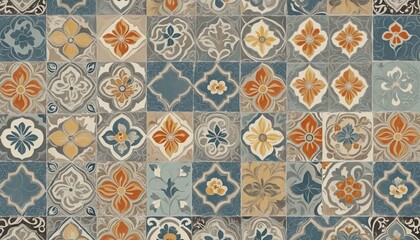 Old colorful  flowers leaves vintage geometric shabby mosaic texture