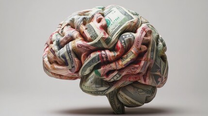 Vibrant brain surrounded by US dollar bills in a 3D mockup, conveying the message that knowledge translates into monetary gain.