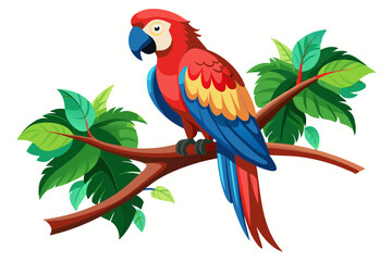 A Scarlet Macaw perched parrot Silhouette Vector Style with A Tree Branch on a White Background.