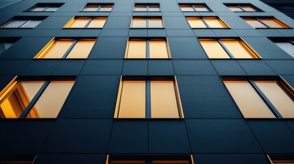An external view of a modern apartment building with symmetrical, illuminated windows, highlighting the contemporary architectural design under evening light.