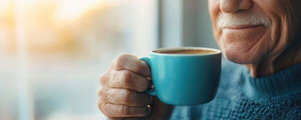 Elderly man holding a cup of coffee, sitting by the window in warm afternoon light, realistic wrinkles, cozy atmosphere, photo realistic, calm and dependable concept