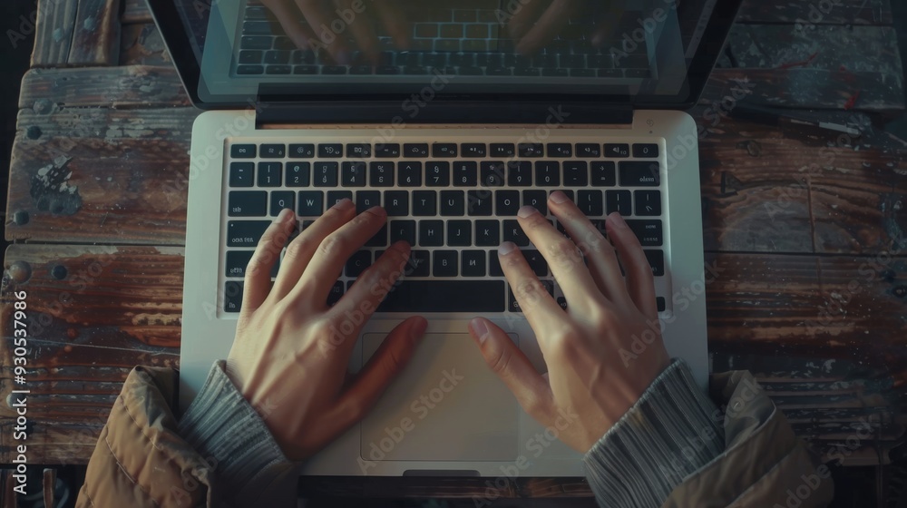 Poster first-person view of hands typing on a laptop keyboard