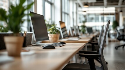 A well-lit, modern open office space showcasing multiple workstations equipped with computers, surrounded by green plants, promoting a productive and clean working environment.