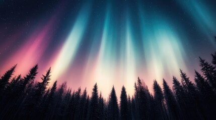 Sky illuminated by the aurora borealis in shades of teal, pink, and purple, casting a magical glow over the silhouette of tall pine trees in a dense forest at night.