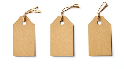 set 4 blank cardboard tag mockups with strings on a white background
