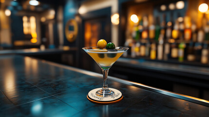 Cocktail glass on bar counter with bokeh lights