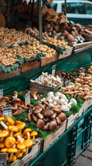Variety of Fresh Mushrooms at a Market Stall, Colorful Display of Diverse Mushroom Types, Organic Produce, Healthy Eating, Farmer's Market Shopping. Vertical