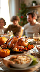 Fototapeta premium Family gathered around a Thanksgiving dinner table with a roasted turkey centerpiece. Concept of holiday celebration, family traditions, festive meal, and togetherness. Vertical