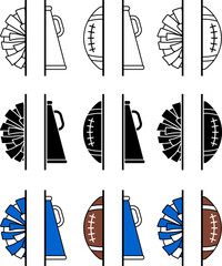 Cheerleader Pom-Poms, Megaphone and Football Vertical Split Label Template Clipart - Isolated Outline, Silhouette & Color