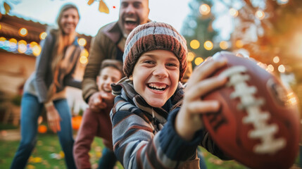 Young Smiling Girl Playing American Football with Friends in the Backyard on a Sunny Day. Concept of Childhood Joy, Outdoor Fun, Friendship, Leisure Activities