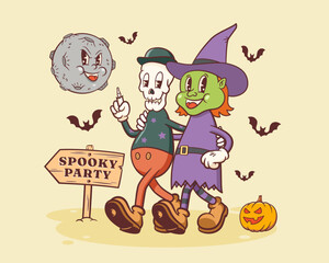 Halloween Groovy Skeleton and Witch Retro Characters. Cartoon Mascots Walking by a Pumpkin to Spooky Party under Evil Moon. Vector Autumn Holiday Template. Happy Vintage Cool Illustration Isolated
