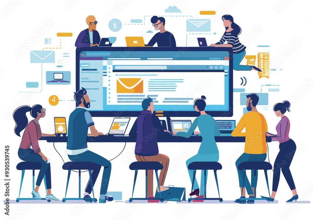 Poster web development team working on project in modern office, collaborative workflow with large screens,