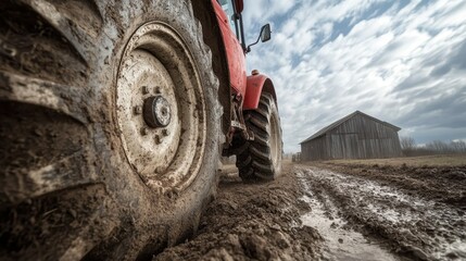 A close-up shot of a mud-covered tractor wheel on a farm, showcasing agricultural machinery and the rural landscape with a cloudy sky overhead.
