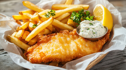 A traditional English fish and chips with golden fried fish, crispy fries, and a side of tartar sauce