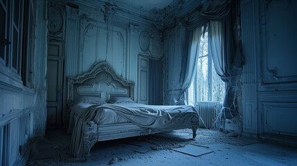 Spooky Abandoned Manor Bedroom with Cobwebs and Broken Furniture in a Dusty Blue Light - Concept of Haunted Houses, Eerie Atmosphere, Mystical Places, Decay, Halloween