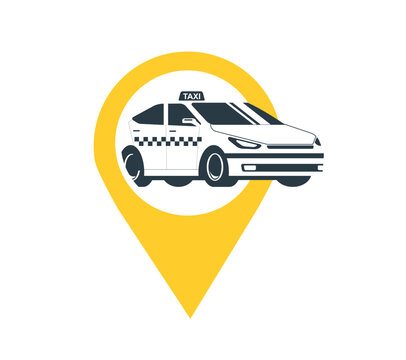 Concept illustration of a logo with a taxi. Taxi car inside navigation sign. Vector illustration.