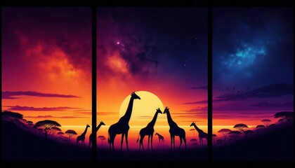 HD triptych art of giraffes silhouetted against a twilight sky, vibrant sunset colors, detailed silhouettes, digital painting