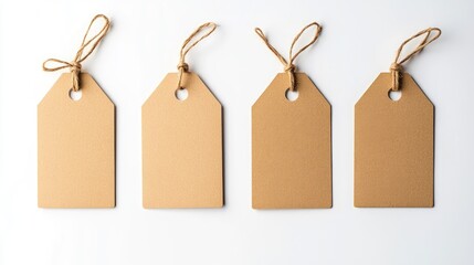 set 4 blank cardboard tag mockups with strings on a white background